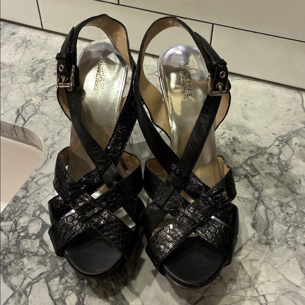 MICHAEL Michael Kors Black Croc-Embossed Platform Slingback Heels - Picture 9 of 16